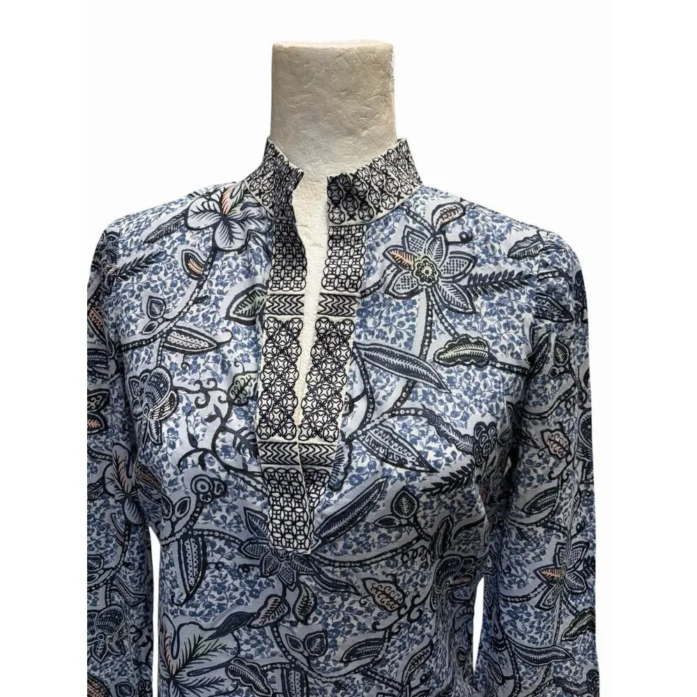 Tory Burch Lightweight Cotton Tunic Top Resort Wear Blue White Floral Size 2